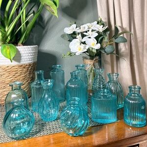 Blue Glass Bud Vases Set of 12 Ribbed Vintage Style Decor